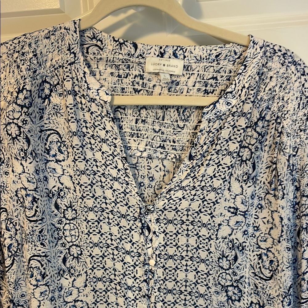 Lucky Brand Blue and White Buttoned Blouse with Mandarin Collar